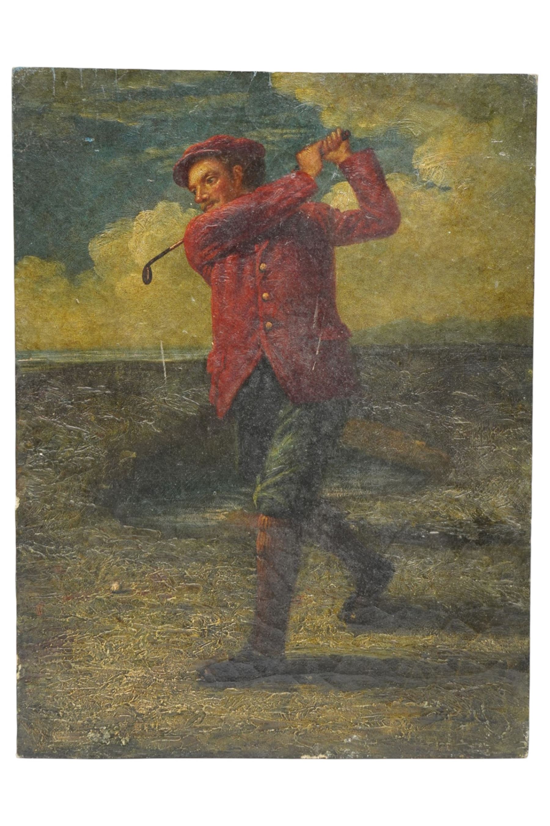 After Anton Maria Mucchi Vignoli (Italian 1871-1945): Professional Golfers Old Tom Morris and Young Tom Morris, pair of oils on wood panel one indistinctly signed 41cm x 31cm (2) (unframed)