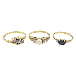 Gold three stone diamond ring, stamped 18ct, gold pearl and diamond chip ring and a gold three stone sapphire and diamond ring, both hallmarked 9ct