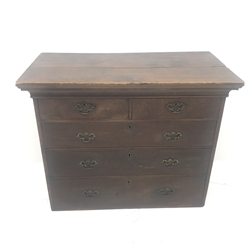 Georgian mahogany chest, pine top, two short and three long oak lined drawers, W110cm, H88cm, D56cm