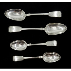  Pair of Victorian silver desert spoons fiddle pattern by Josiah Williams & Co, Exeter 1854 and two similar Victorian silver serving spoons by William Eaton, London 1841, approx 8oz  