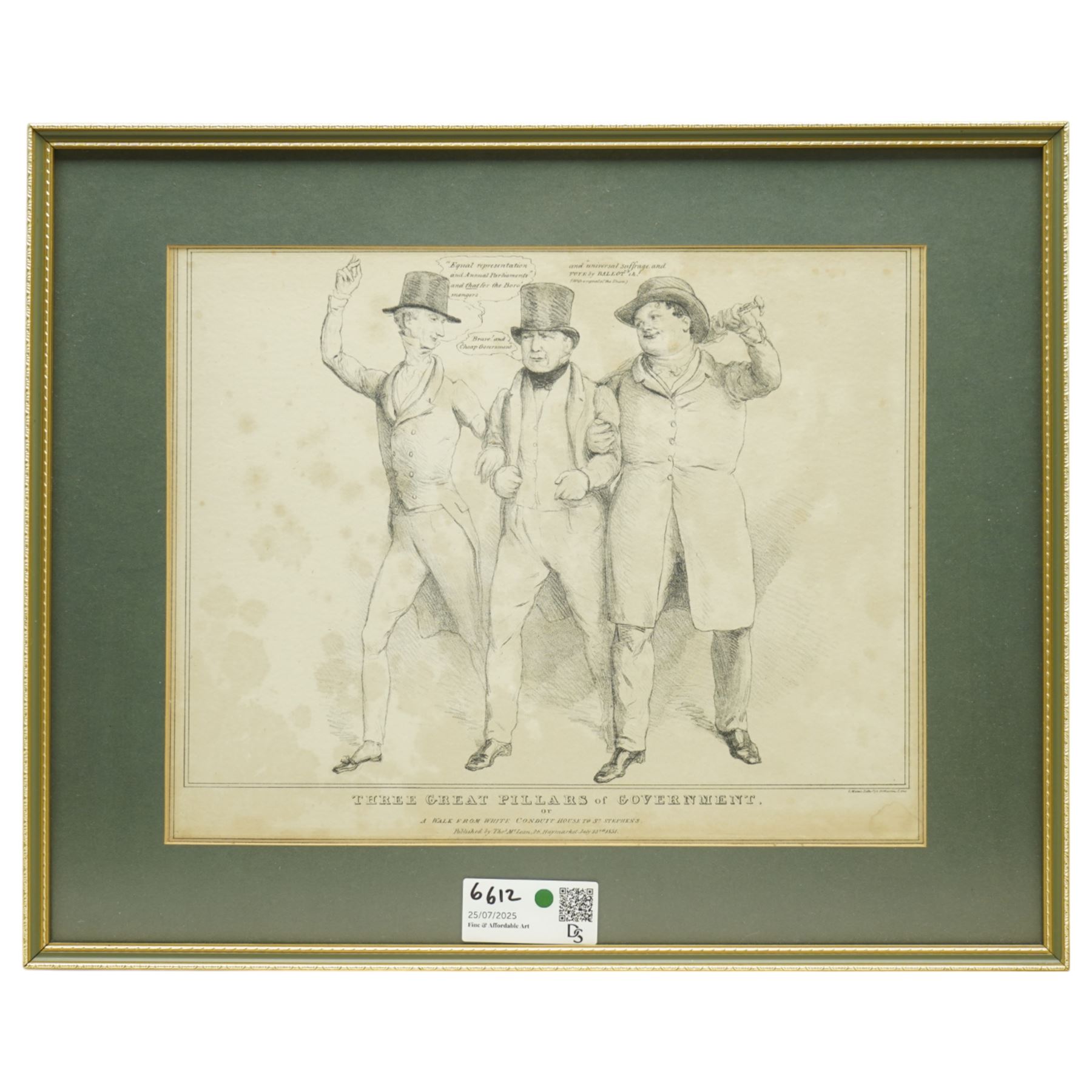 John 'HB' Doyle (British 1797-1868): 'Handwriting upon  the Wall' 'Stop Thief' 'Three Great Pillars of Government' and 'The Kentish Farmer', set four caricature engravings
pub. Thomas McLean 1831, 26cm x 33cm (4)