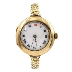 Rolex 9ct gold manual wind wristwatch, white enamel dial with Roman numerals, case by Aaron Lufkin Dennison, Birmingham 1918, on gilt strap