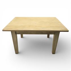 20th century washed pine table, plank top above a single frieze drawer, square tapered supports