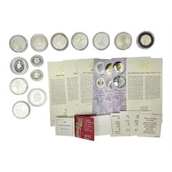 Thirteen silver coins, including Queen Elizabeth II Solomon Islands 2002 sterling silver five dollars, Alderney 2002 sterling silver five pounds, Fiji 2002 sterling silver ten dollars, United Kingdom 2003 one ounce fine silver Britannia, 2003 'Give Women The Vote' fifty pence etc, all with some form of certificate