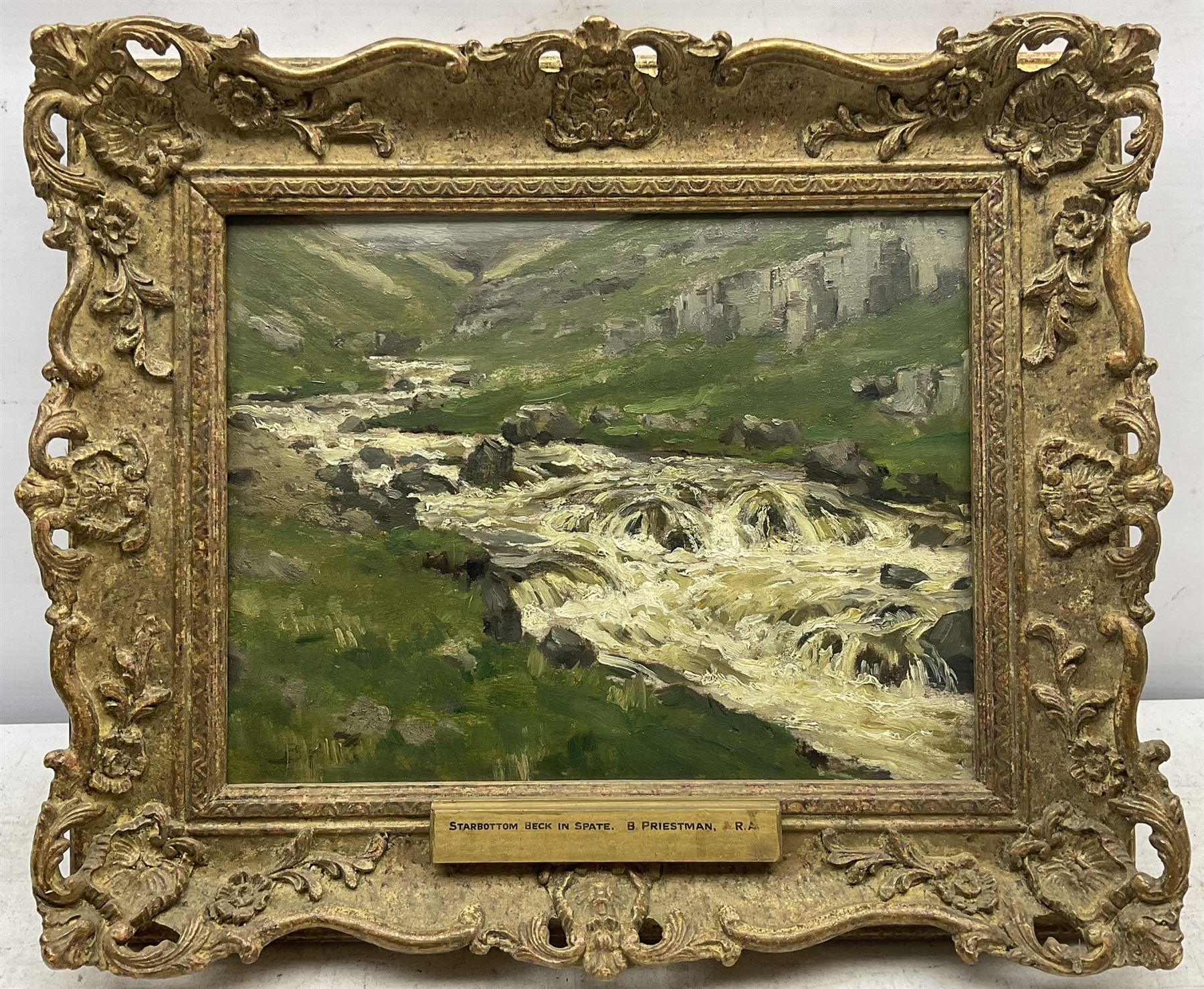Bertram Priestman RA ROI NEAC (British 1868-1951): 'Starbottom Beck in Spate', oil on panel signed with initials and indistinctly dated '15?, 20cm x 26cm 
Provenance: private East Yorkshire collection, purchased Sotheby's Billingshurst 22nd February 2000 Lot 856; exh. Coughton Galleries, Alcester, label verso; exh. 'Bertram Priestman RA', Cartwright Hall, Bradford & Ferens Gallery, Hull, 1981, No.81