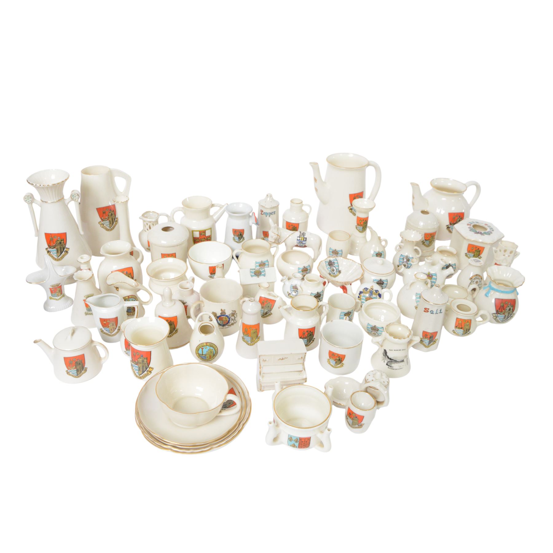 Large collection of Scarborough, Filey and Yorkshire Crested ware, including vases, teapots, jugs, bells etc