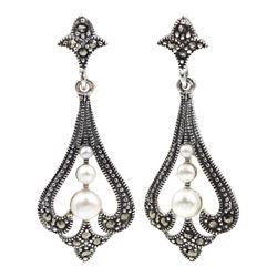 Pair of silver three stone pearl and marcasite openwork pendant stud earrings, stamped 925 