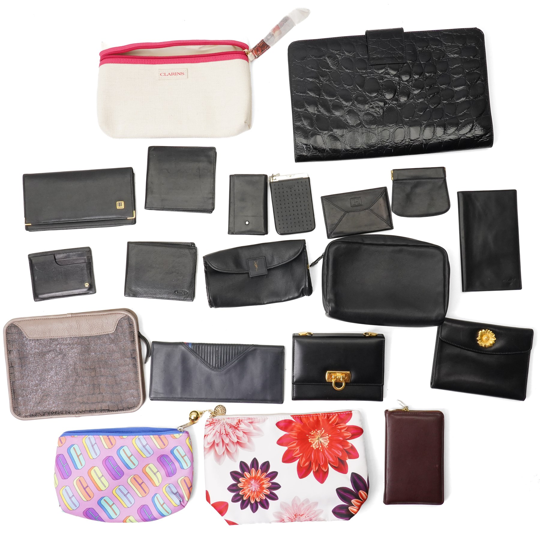 Collection of wallets, purses and bags, including MontBlanc key case and purse, Links London mini magic slate and case, Dunhill wallet and cheque book, Launer men's black leather wallet, Aigner card holder, Kurt Geiger black crocodile-embossed leather portfolio holder, etc (20)
