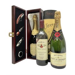 Mixed alcohol, comprising Moet & Chandon, Brut Imperial champagne, 750ml, 12% vol,  Laithwaite champagne, 75ml, 12% vol and Saint Jean, Baron, 75cl, 10.5% vol, three bottles 