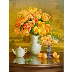  Gregori (Lysechko) Lyssetchko (Russian 1939-): Still Life of Apricots and Flowers on a Glass table, oil on canvas signed and dated 2008 64cm x 49cm  