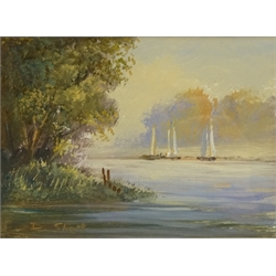  Sailing Boats on a Lake and Lady and Child in  a Meadow Field, two oils on paper signed by David Short (British 1940-) 11cm x 15cm and 13cm x 18cm (2)  