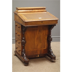  Victorian walnut inlaid davenport, pen compartment and inkwell above sloped hinged leather inset top enclosing two drawers, turned and carved columns, four drawers to one side, four false drawer to reverse, on sledge supports, W54cm, H83cm, D52cm  