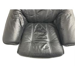 Anderssons of Sweden - mid-20th century design swivel armchair, upholstered black leather, raised on beech U-frame supports with circular base, together with matching footstool 
