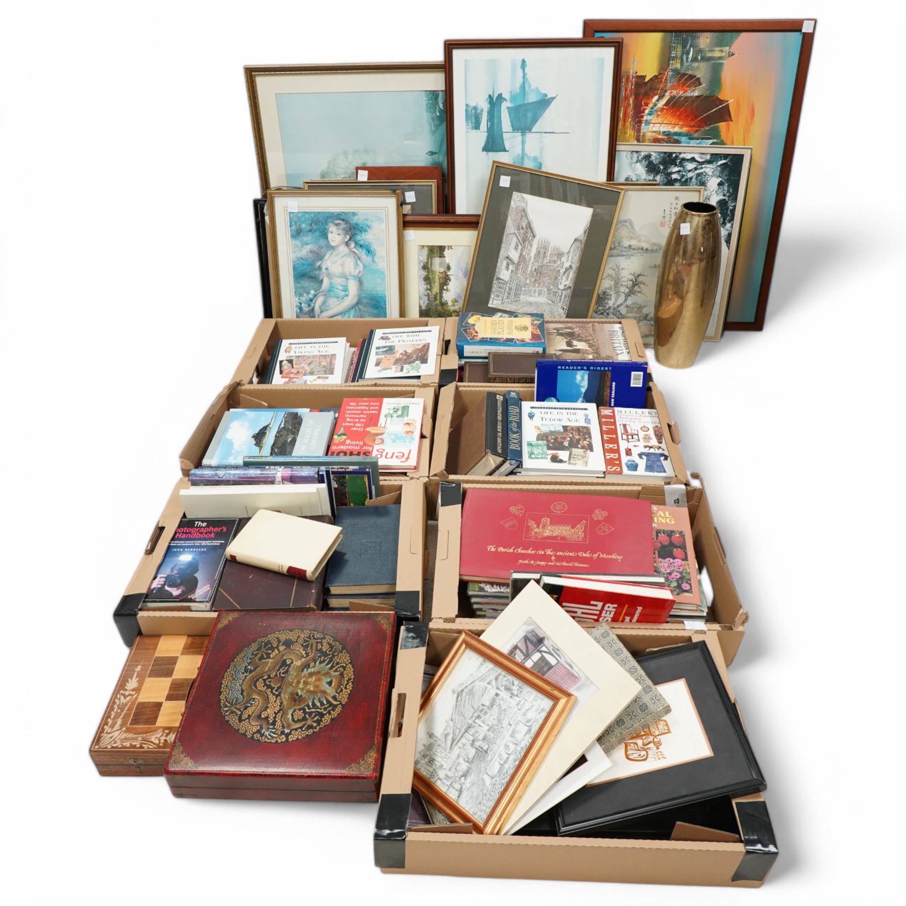 Large collection of prints, original oil of Chinese Junk ships, quantity of books, mainly historical and art related, two chess boards and figures, etc 