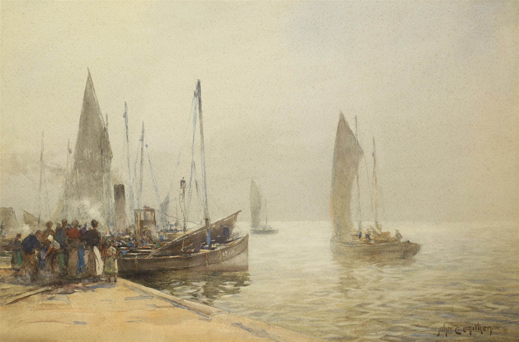 John Ernest Aitken (Scottish 1881-1957): 'Off to Peterhead - Anstruther Fife', watercolour signed, titled on Chas. Rowley and Co 1910 Ltd label verso 33cm x 49.5cm