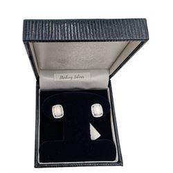 Pair of silver opal and cubic zirconia rectangular stud earrings, stamped 925, boxed 
