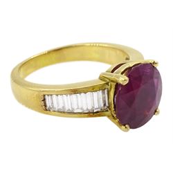 18ct gold ruby and diamond ring, single round cut ruby of approx 3.25 carat, with channel set baguette cut diamond shoulders, total diamond weight approx 0.85 carat