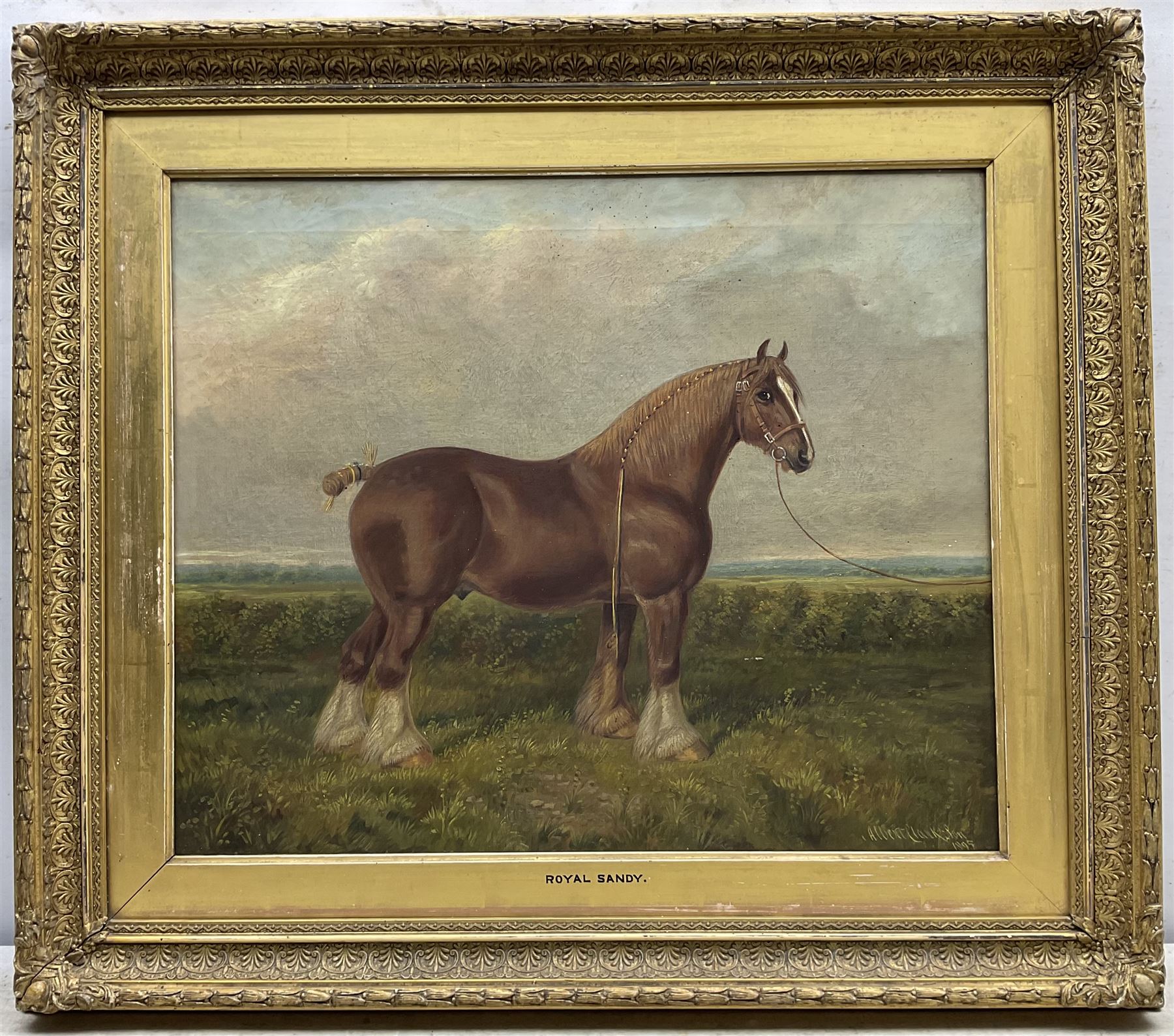 Albert Clark Snr. (British 1821-1909) and Albert James Clark (fl.1890-1943): 'Royal Sandy' Portrait of a Shire Horse in Landscape, oil on canvas signed  'Albert Clark and Son' and dated 1895, original artist's visiting card verso 50cm x 60cm