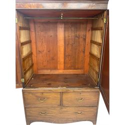 19th century mahogany linen press, projecting moulded cornice over figured frieze, enclosed by two panelled doors with geometric stringing, fitted with two short and one long cock-beaded drawers, on shaped apron and splayed bracket feet