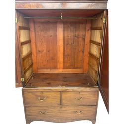 19th century mahogany linen press, projecting moulded cornice over figured frieze, enclosed by two panelled doors with geometric stringing, fitted with two short and one long cock-beaded drawers, on shaped apron and splayed bracket feet