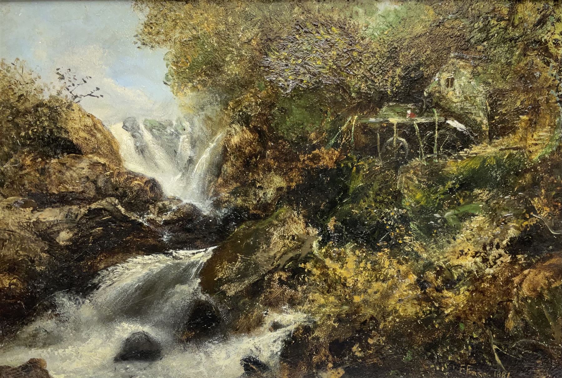 E Fraser (Scottish 19th century): Picnic Next to Roaring Waterfall, oil on board signed and dated 1884, 29cm x 44cm