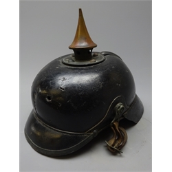  German leather Picklehaube helmet with brass spike adjustable leather liner and chin strap, H21cm  