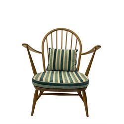 Ercol - beech low easy armchair, with upholstered loose cushions in striped fabric 