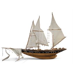 Large wooden model ship of a three-masted schooner, H117cm, W163cm, with stand
