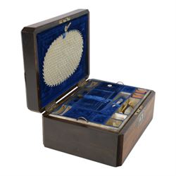 Victorian coromandel sewing box, with mother of pearl escutcheon and cartouche engraved 'Annie', with fitted blue velvet interior, H14cm