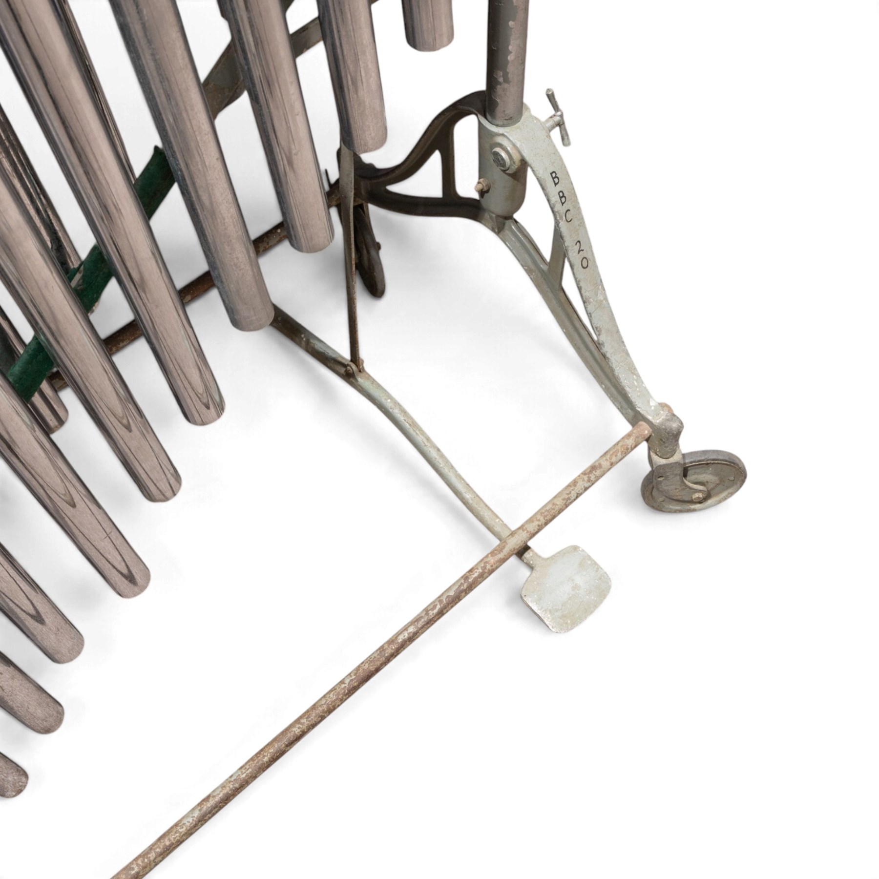 Boosey & Hawkes Ltd, London orchestral tubular bells/chimes, the chromed tubes pitch-marked and suspended on painted metal frame, frame H186cm