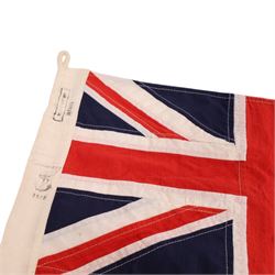WWII Royal Navy ensign flag, with Union Jack in the upper canton, stamped Admiralty 1940, (SUD) P.F. Humphries London 2x3, H61cm L100cm 