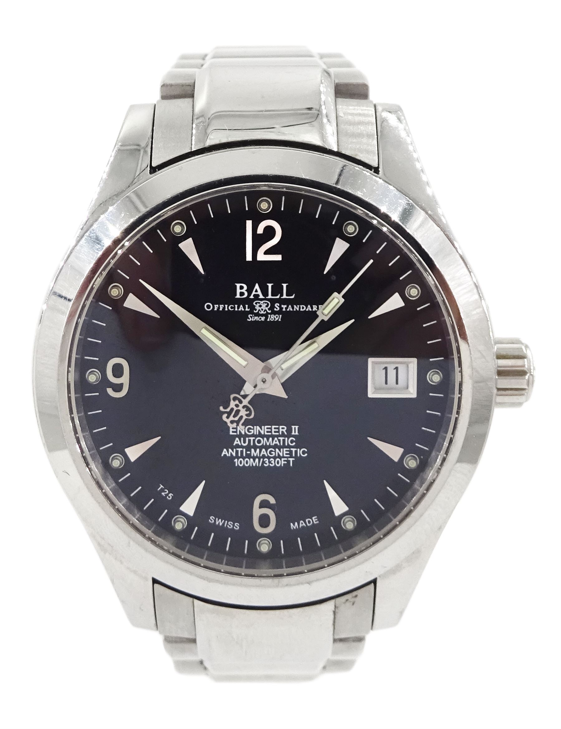 Ball Watch Company Engineer II, gentleman's stainless steel automatic wristwatch, Ref. NM1026C, black dial with dagger and Arabic numerals and date aperture, on stainless steel strap, with fold-over clasp and additional link