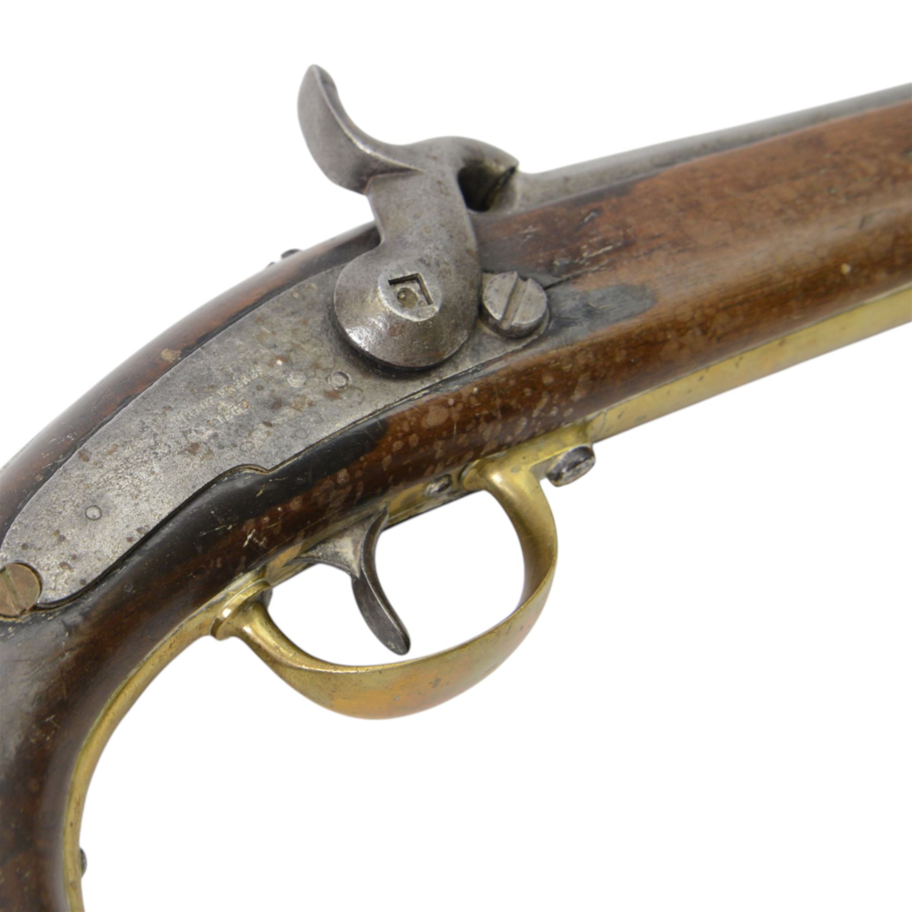 19th century percussion pistol, with round 22cm unsighted barrel with octagonal base, backwards spring lock signed 'PIRLOT FRERES LIEGE'; wooden full stock with brass mounts, belt hook, overall L36cm