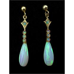 Pair of 9ct gold opal pendant earrings, stamped 375