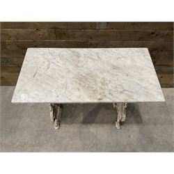 19th century Coalbrookdale design cast iron garden table, with rectangular marble top