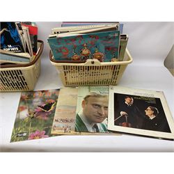 Wooden magazine rack, with floral detail, together with a collection of records, to include the box sets 'the Story of Great Music', 'Popmobility', Happy Holiday in Greece  etc, in three boxes 