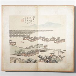 Chinese fold out book, comprising 12 hand-coloured woodblock landscapes each bearing inscription and artists seal  