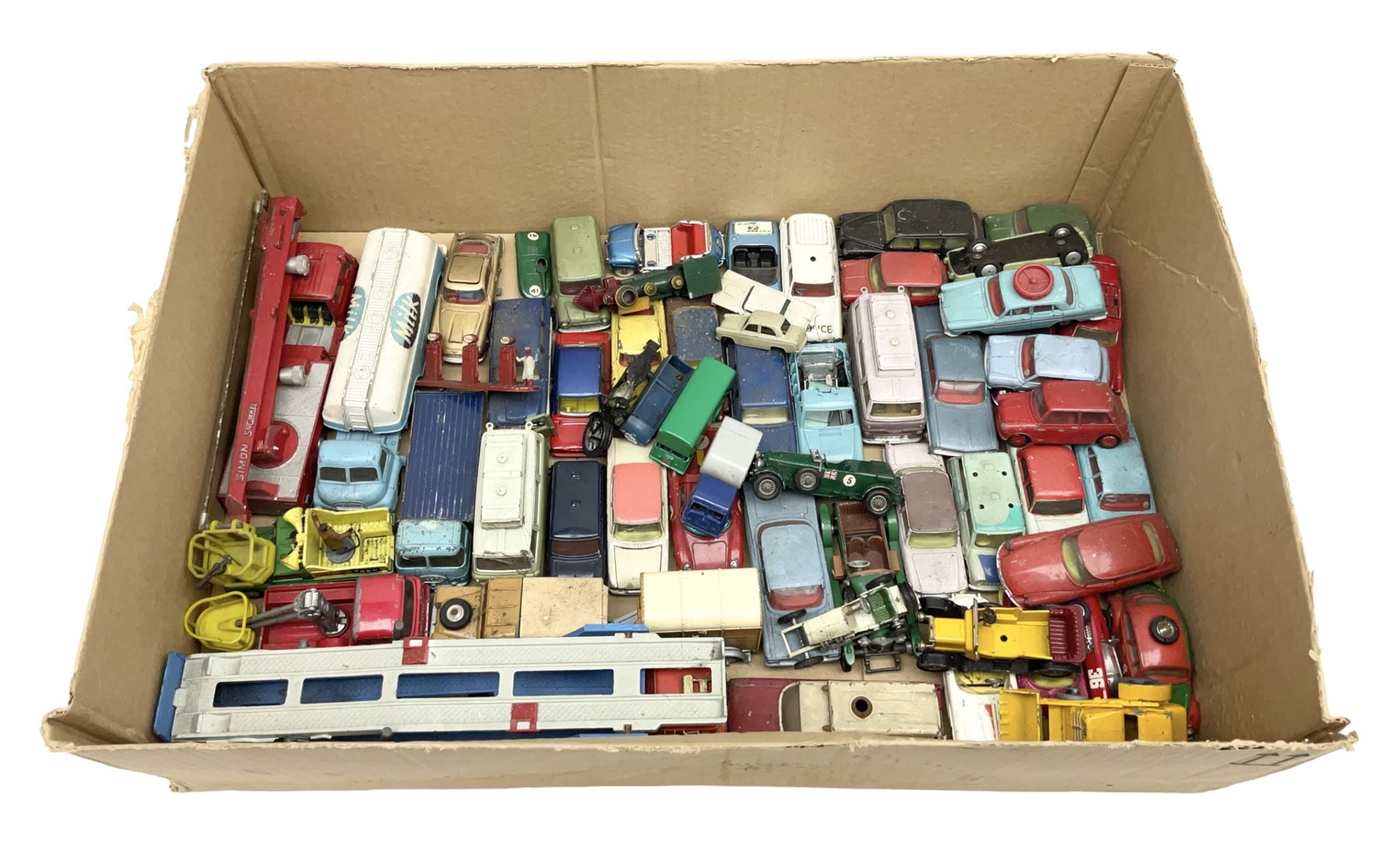 Corgi - over forty unboxed and playworn die-cast models including Simon Snorkel, Big Bedford Tractor Unit, Carrimore Mk.IV Transporter, Jeep FC-150,  Land Rover with pony trailer, James Bond Aston Martin DB5 etc; and quantity of other die-cast models by Lesney etc