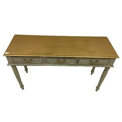 Distressed painted console table, fitted with three drawers