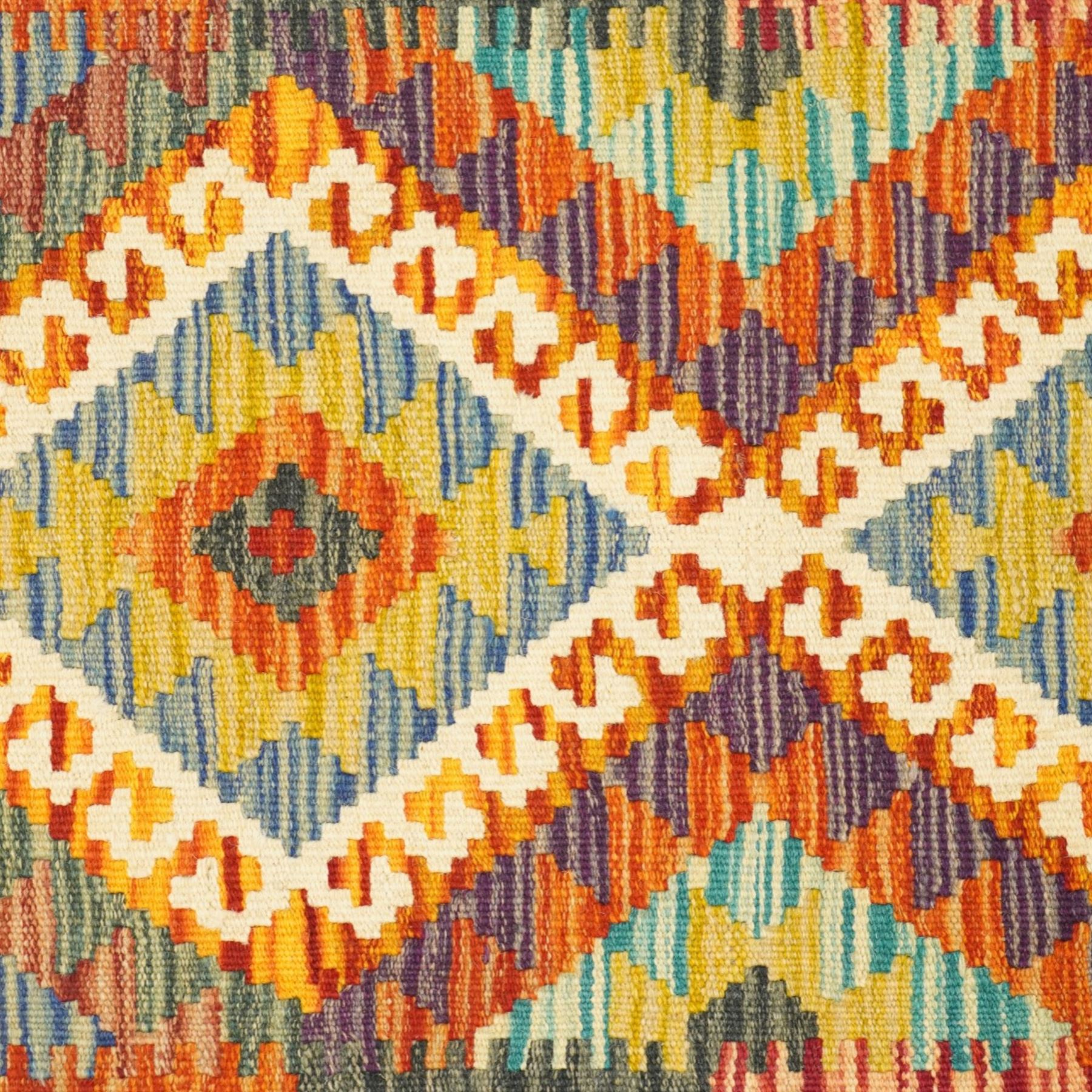 Afghan Maimana flatweave kilim and an Afghan Chobi flatweave kilim runner, with a repeating stepped diamond medallion design in ivory, green, rust, teal, purple, and indigo, framed by chevron and geometric borders, 153x50cm & 127x80cm, (2)