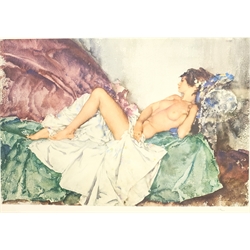 After Sir William Russell Flint (Scottish 1880-1969): Reclining Nude III, limited edition coloured lithograph with blind stamp numbered in pencil 318/850, 42cm x 59cm 