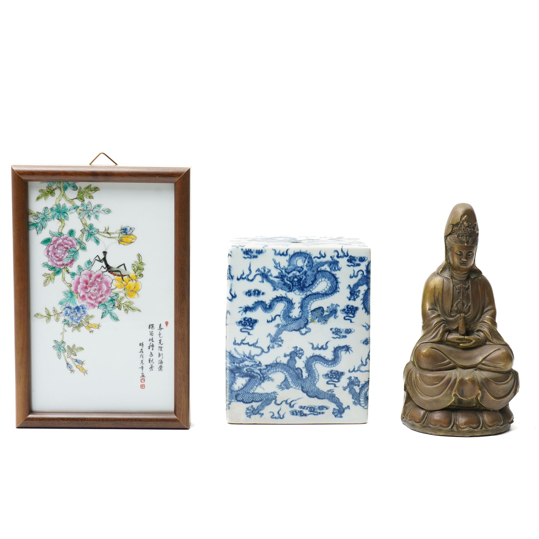 Manner of Liu Yuchen (Chinese 1904-1969) of the Zhushan Eight Friends circle: Mantis, painted plaque 22.5cm x 14cm; together with a figure of Guan Yin, H22cm and a vessel with printed dragon decoration, H18cm (3)