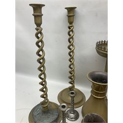 Collection of brassware, to include pair of tall barley twist candlesticks, vases, quantity of coat hooks etc 