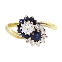 18ct gold round brilliant cut diamond and sapphire crossover ring, London 1975, total diamond weight approx 0.30 carat