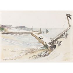Orlando Greenwood (British 1892-1989): Whitby Piers, watercolour signed and dated 1921, 25...