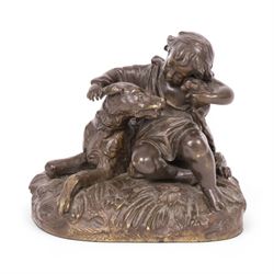 After Auguste Joseph Peiffer, bronzed figure group, Boy with his dog and puppy, H15cm