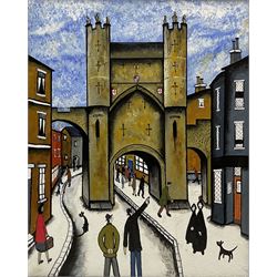 John Hanley (Northern British 1947-): 'Monk Bar Gateway York', oil on canvas, signed and titled verso with artist's certificate 50cm x 40cm 