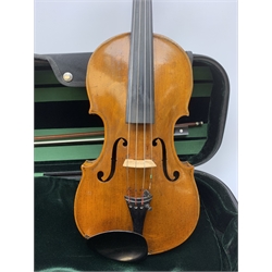 Late 19th century continental violin, possibly Italian, with 36cm two-piece maple back and ribs and spruce top, bears label 'Antonius Stradivarius Anno 1721', 60cm overall; in modern carrying case with silver mounted pernumbuco bow