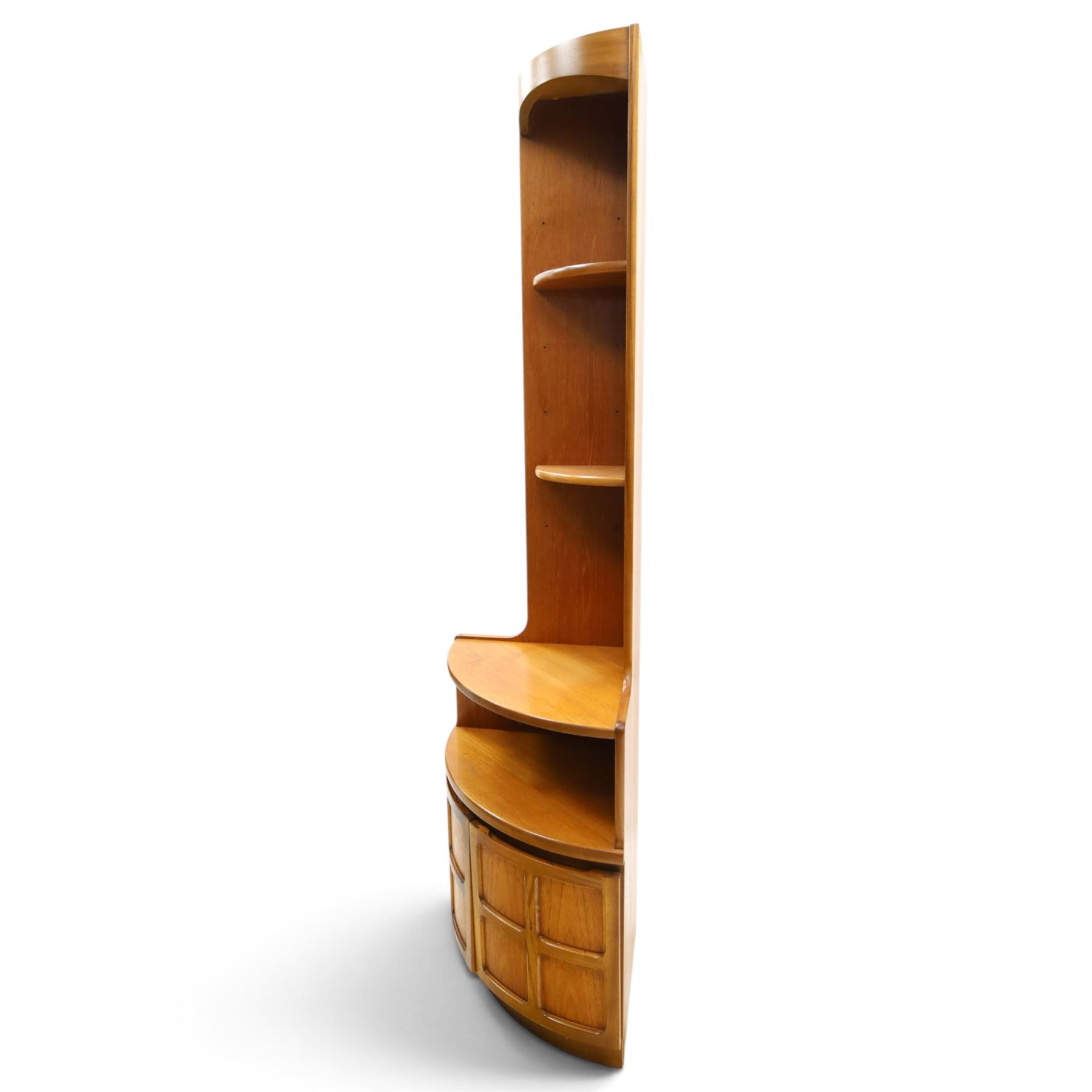 Nathan - 'Squares' open corner bookcases, with two adjustable shelves above an open recess with twin square panelled doors, raised on a plinth base