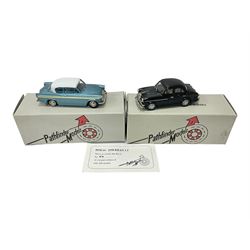 Pathfinder Models - two 1:43 scale model cars comprising Riley 1.5 1958 PFM14 with certificate of authenticity no.571/600 and Sunbeam Rapier 1962 PFM15; both in original boxes  